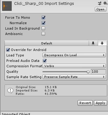معايير استخدام الملفات الصوتية -واجهة إعدادات الاستيراد للملف الصوتي في محرك Unity